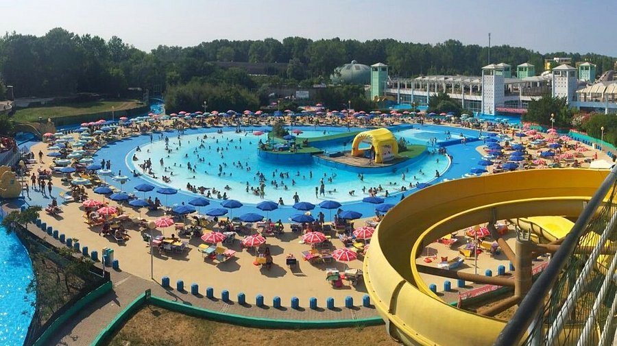 Wave pool, slides and umbrellas at the Atlantica water park in Cesenatico