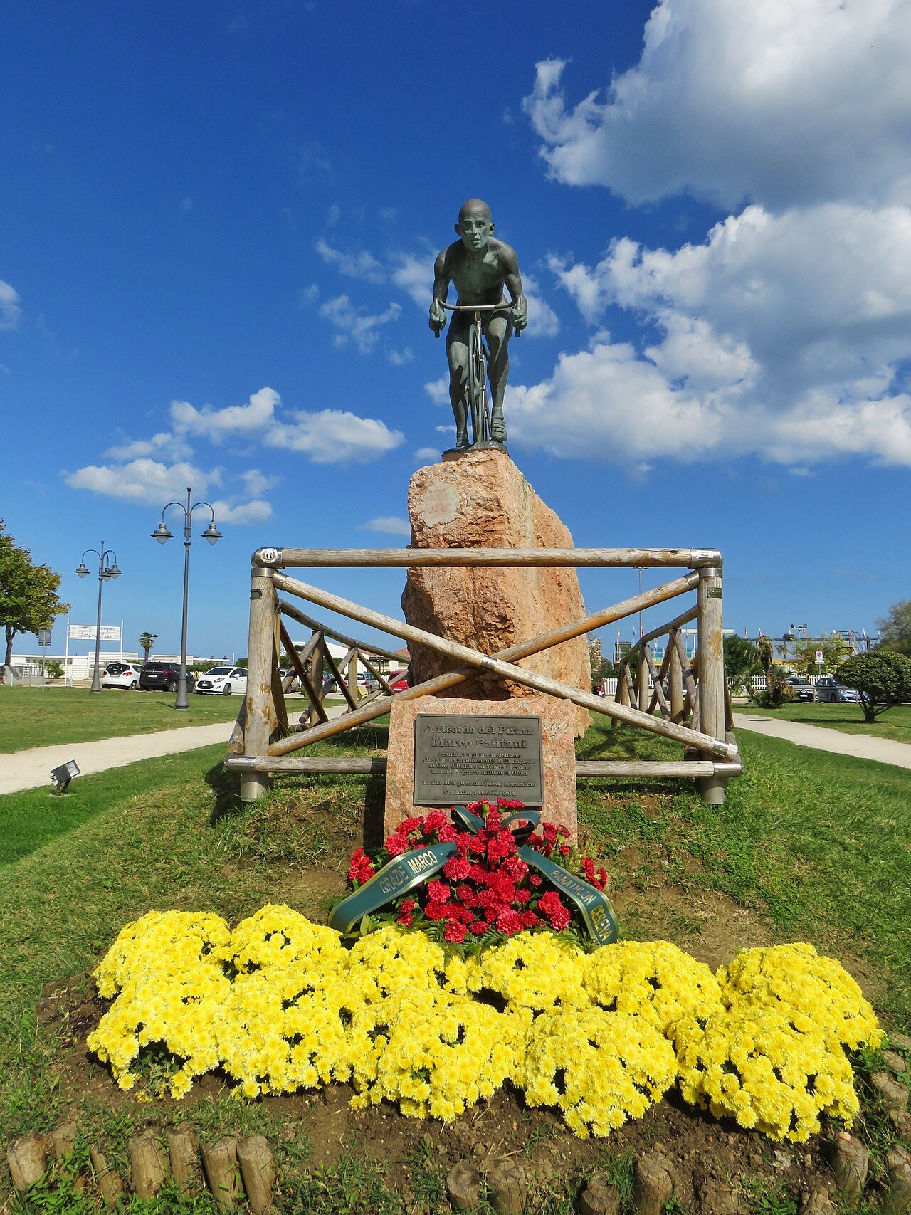 The Marco Pantani monument on Cesenatico's seafront, with the bronze statue on the bike